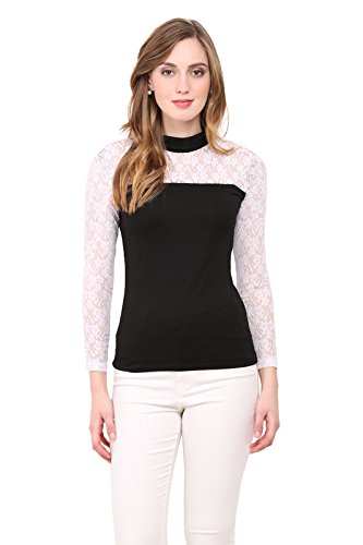 le bourgeois black color body with net yoke full sleeve high neck t-shirt for women