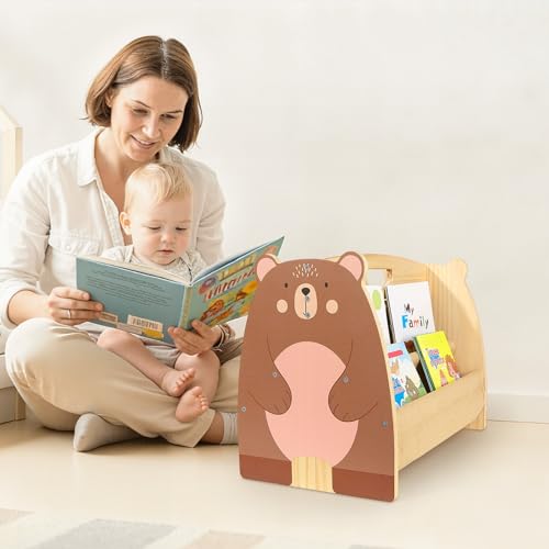 MHJY Children's Wooden Bookcase – Montessori Double-Sided Bookcase with Fabric Pockets, Portable Toy Organizer with Handle, Furniture Storage for Children's Room and Nursery