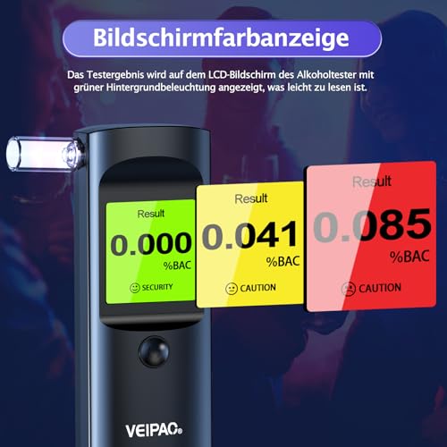VEIPAO Portable Breathalyzer Certified Alcohol Test: Professional Italian Alcohol Test with 11 Mouthpieces – Breathalyzer with Digital LCD Screen High Accuracy for Personal Use Home Test, Black
