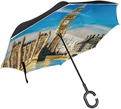 THENAHOME Reverse Inverted Auto Open Umbrella Upside Down Compact Lightweight &amp; Windproof Waterproof Straight Umbrellas with Big Ben for Car &amp; Outdoor