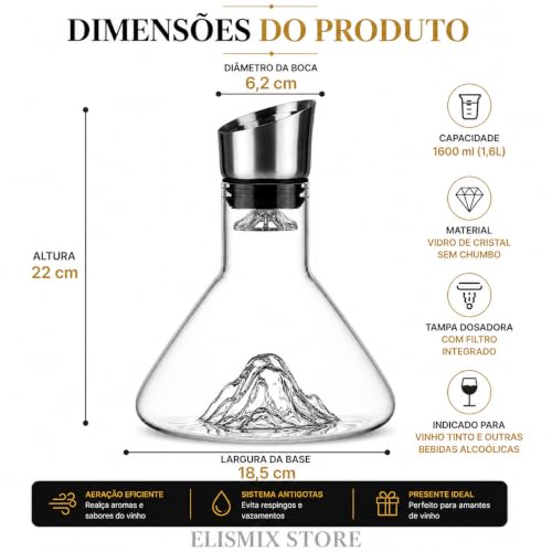Decanter de Vinho 1,6L Cristal Sem Chumbo com Tampa Dosadora e Filtro Aerador Iceberg Decantador para Vinho Tinto Garrafa Elegante para Bar Casa e Presente