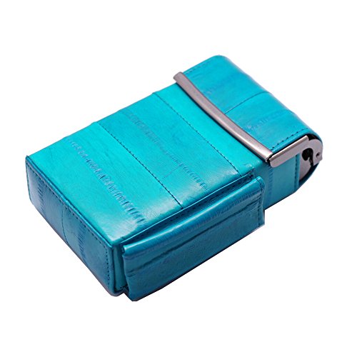 Automatic Rising Genuine Eel Skin Leather Sliding Cigarette Case with Lighter Holder (Teal)