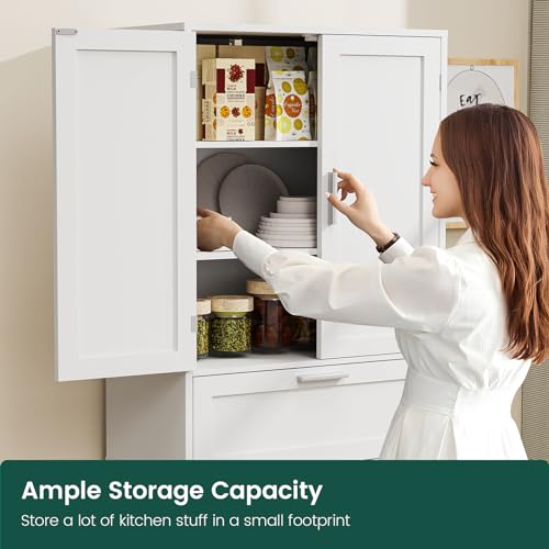FIONESO 67" Tall Pantry Cabinet, Kitchen Pantry Storage Cabinet with 1 Large Drawer & 2 Adjustable Shelves, Freestanding Cupboard Buffet for Kitchen, Bathroom, White