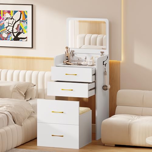 Lvifur Corner Dressing Table with Mirror, Corner Dressing Table with Stool, Large Storage Space with Drawers, Dressing Table for Apartment, Small Room