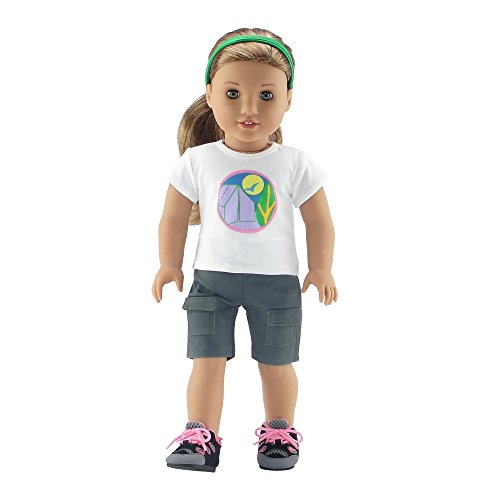 Emily Rose 18 Inch Doll Clothes | Brownie Girl Scout Camping Outfit, Including Doll T-Shirt with Camping Badge Graphic, Cargo Shorts, Headband and Hiking Boots | Fits American Girl Dolls | Gift Boxed!