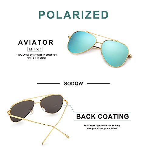SODQW Aviator Sunglasses Womens Polarized Mirrored Flat Lens Fashion Large Metal Frame - UV 400 Protection (gold/ice blue Lens(mirror))