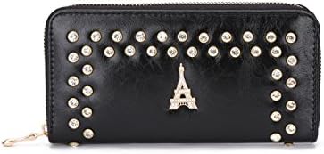 Women's Rhinestone Paris Eifel Tower Multi Card Organizer Leather Waller with Zipper
