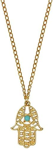 Hamsa Charm Hand Of Fatima Pendant Necklace (Gold Tone with Turquoise)