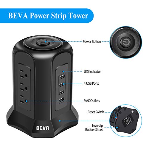 BEVA Power Strip Tower Surge Protector Flat Plug Desktop Charging Station with 9 AC Outlets 4 USB Ports Switch Control… - Image 2