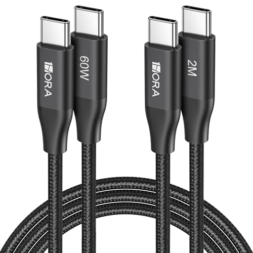 1HORA Cable USB C a USB C 3A 60W PD, 2M Paquete de 2, Tipo C a Tipo C Carga Rápida, Nylon Trenzado, Compatible con Samsung Galaxy S25/S24, IP17/16/15, iPad Pro 2024, MacBook Pro 2023, Android