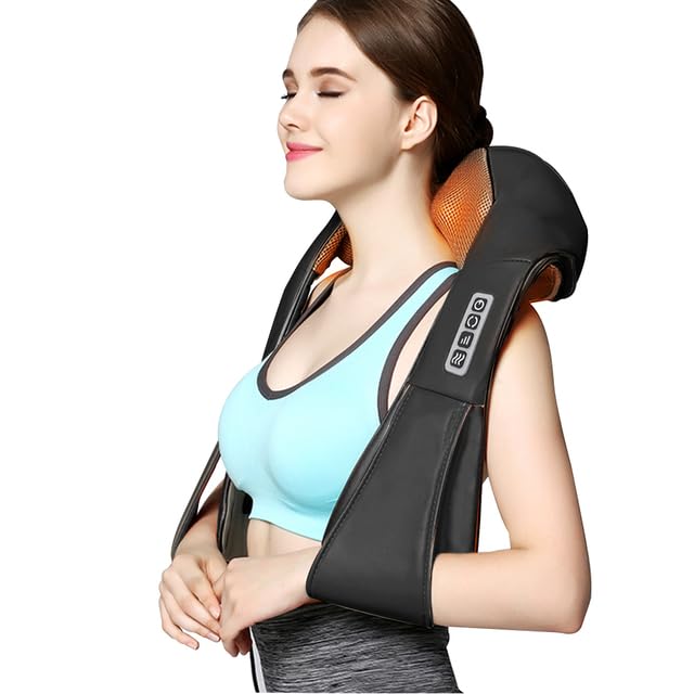 Shiatsu Neck and Back Massager with Heat, Neck, Shoulder, Lumbar Massager with 2 Rotary Nodes and 4 Heads, 3 Intensity, 3D Deep Massage, Home and Car Use (Non-Wireless)