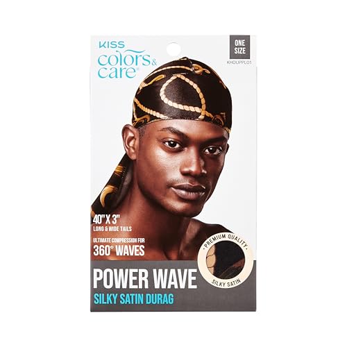 Kiss Colors & Care Power Wave Silky Satin Durag, Hair Scarf for Men, 40” x 3” L…