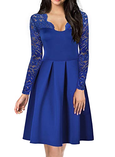 Floral Dress for Womens 1950 60s Vintage V-Neck Lace Autumu Long Sleeve Stretch Cocktail Party Swing Dresses Knee-Length 189 (XXL, Blue)