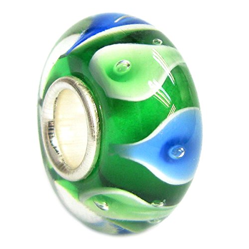 Sterling Silver Green Blue Lily Flower European Style Glass Bead Charm