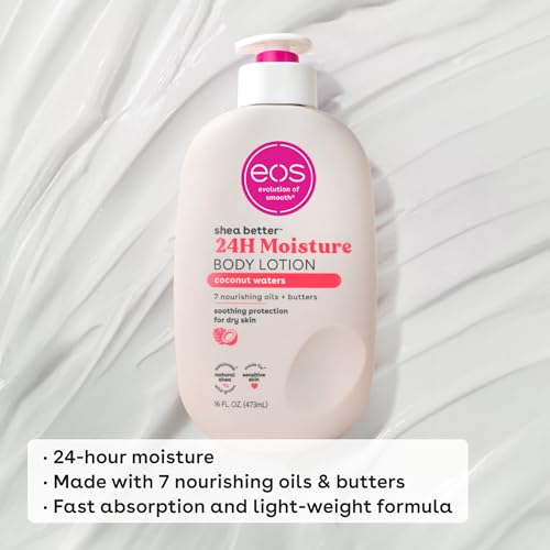 EOS SHEA BETTER BODY LOTION- COCONUT WATERS, 24-HOUR MOISTURE SKIN CARE, LIGHTWEIGHT & NON-GREASY, MADE WITH NATURAL SHEA, VEGAN, 16 FL OZ