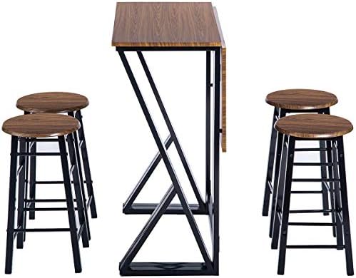 Monto Bar Table Set Indoor Metal Counter Height Dining Table Set Drop Leaf Folding Table with 4 Bar Stools Home- Brown 2