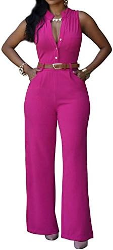 GuoMan Women's Sexy Plunge V Neck Belted Wide Leg Jumpsuits Dress