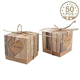 AerWo 50pcs Candy Favor Boxes Vintage Kraft Bonbonniere + 50pcs Burlap Twine, Love Heart Imitation Bark Gift Bag for Wedding Party Birthday Bridal Shower Decoration