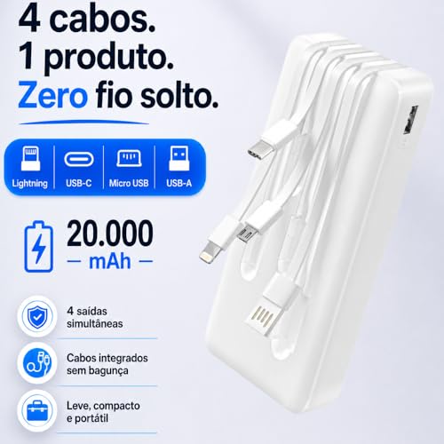 Power Bank Carregador Portátil Universal 20000mAh com Cabos Integrados USB-A, USB-C (Type-C), Micro-USB e USB-Light Carregamento Rápido Bateria Externa Compacta para Celular Android iOS (branco)
