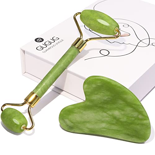 GUGUG Gua Sha Stein, Guasha Jade Roller Gesicht gua sha set für Hautpflege-Routine, Gesichtsroller Face Roller für Gesicht, Hals und Körper Muskelentspannung - Grün