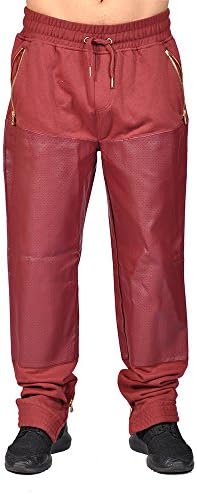 Half PU Leather Buttom Jogger 3 Zipper Pocket with Drawstring and Cuff Zipper Buttom (3X, Burgundy)