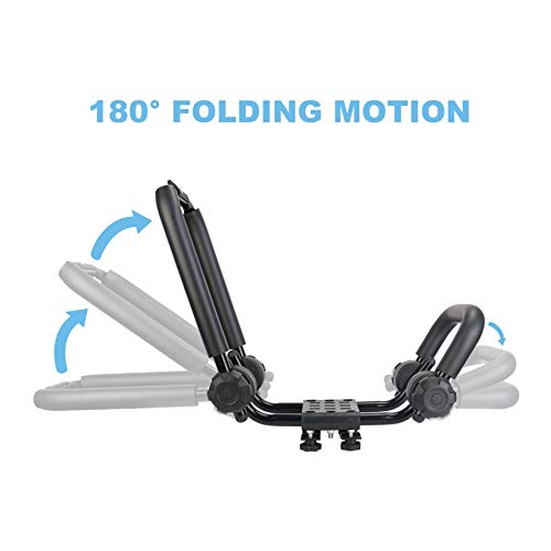 Upgraded Double Folding J-Bar Rack Car Roof Rack for Kayak Carrier Canoe Paddle Surfboard Roof Top Mount on Car SUV Crossbar with 2 pcs 10Ft S-hook Rated Ratchet Pulley Straps & Ratchet Straps, 2 Pack