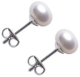 D’AMA Sterling Silver Stud Earrings, Button Freshwater Cultured Pearls AAA Quality (7.0-7.5mm)