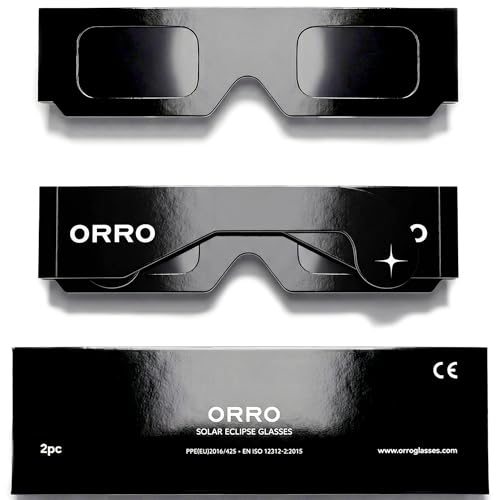 ORRO Lunettes d’éclipse solaire 37 mm, Lot de 2/6/12/50, Noires, Protection oculaire certifiée, Testées EN ISO 12312-2:2015, Marquage CE pour observation directe du soleil - Coupe classique