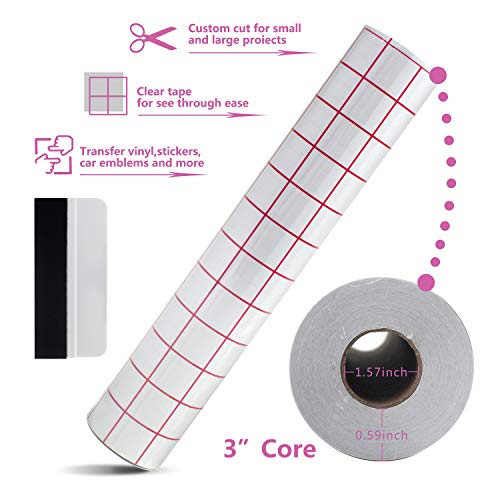 Airbin Vinyl Transfer Paper Tape Roll, Medium Tack 12 Inch x 50 Feet/Clear with 1" Square Red Alignment Grid and Free Gift-Squeegee/Perfect for Silhouette Cameo, Cricut Adhesive Vinyl for Decals