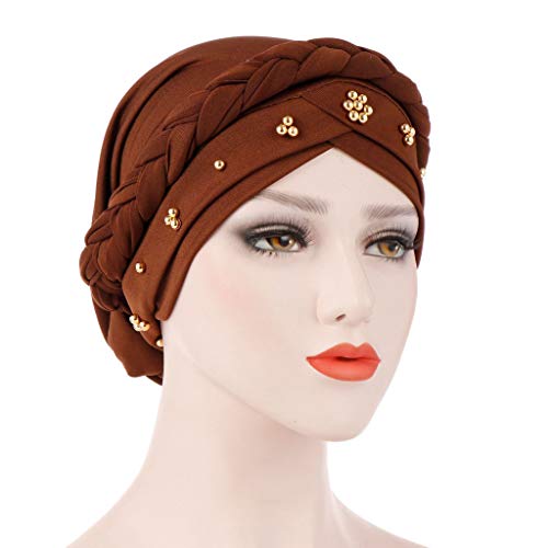 BCDshop Women Beading Braid India Hats Muslim Cancer Chemo Beanie Turban Wrap Cap (Coffee)