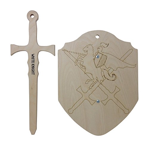 Wooden Sword, Shield Set Toy for Pretend Play with Knight on Horse Design, Birch Wood, Made in USA