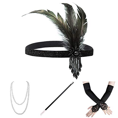 Xuhan 1920s Flapper Costume Accessories Set for Women Headband Necklace Gloves Cigarette Holder (Set-12) - Thumbnail 6