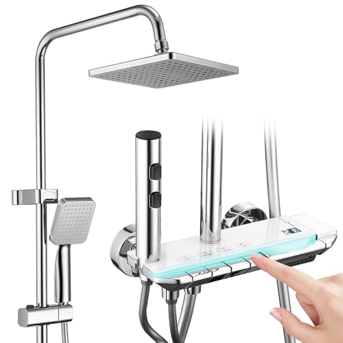 HOMELODY Duscharmatur Komplettset mit Glasablage - Regendusche mit Armatur und Edelstahl, Duscharmatur mit Klavierknopf, 4 Strahlarten mit Wasserfall-