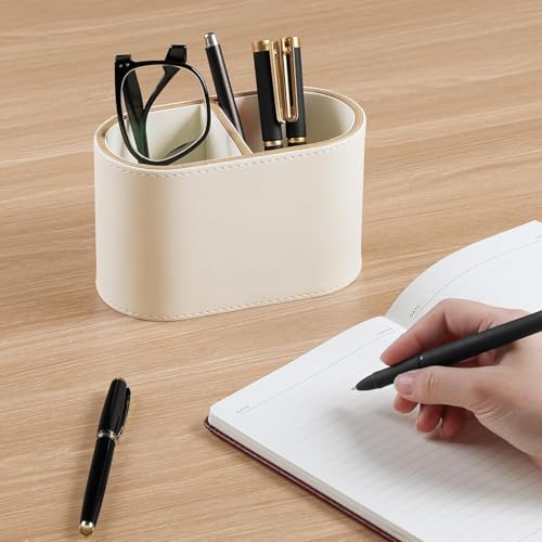 PU Leather Pen Holders, 2-Compartment Pencil Holder, Small Desk Organizer for Remote Controls, Markers, Scissors, Office Supplies, Home, School, and Office Desk Accessories (Beige)