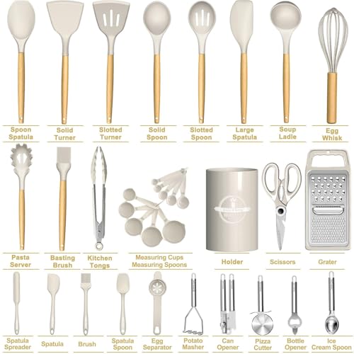 35Pcs Silicone Cooking Utensils Set, Kitchen Utensils Set, Chef Heat Resistant Kitchen Utensil Spatula Set for Nonstick Cookware, Wooden Handles Kitchen Gadgets Tools Set (Khaki)
