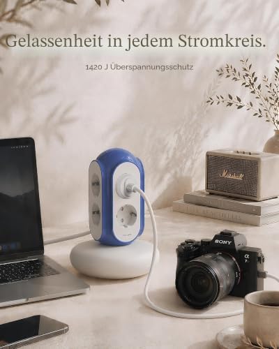 Steckdosenturm Mehrfachsteckdose 6-Fach mit Schalter, 3680W/16A, 1420J Überspannungsschutz, 2 m Kabel, 479g Standfuß, Überlastschutz, 850°C Gehäuse, Büro & Schlafzimmer (Basaltgrau)