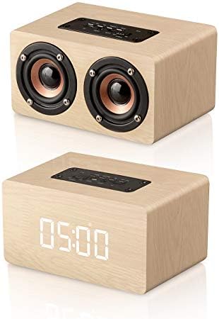 MODAR Bluetooth Speaker Digital Alarm Clock Wooden, V4.2 Portable Wireless Dual Driver Speakers, 1500 mAh, LED Time Display, TF-Card, AUX, (Yellow)