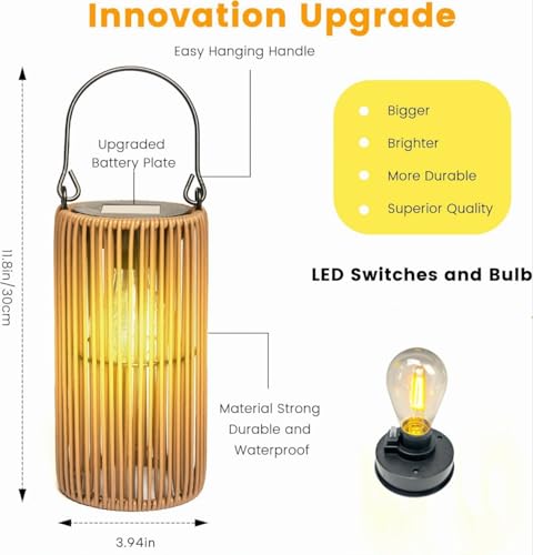 Zarmanuae Solar Lanterns, Rattan Waterproof Solar Lights for Outside Hanging Solar Lights Outdoor Solar Lamp Lights Decoration for Garden Yard Patio Porch Trees Lawn Pathway, 2 Pack