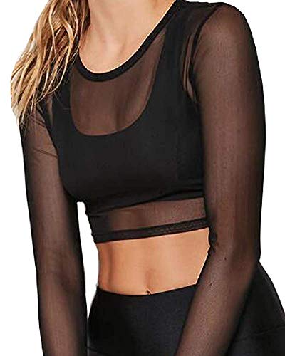 MANGOPOP Women's Long Sleeve Mesh Crop Tops Tee Blouse (Medium, Round Neck, Black)