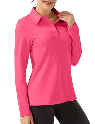 FKEEP Women Long Sleeve Polo Shirt Golf Sport Top Athletic Sportswear Tennis Activewear (Neon Pink, XS)