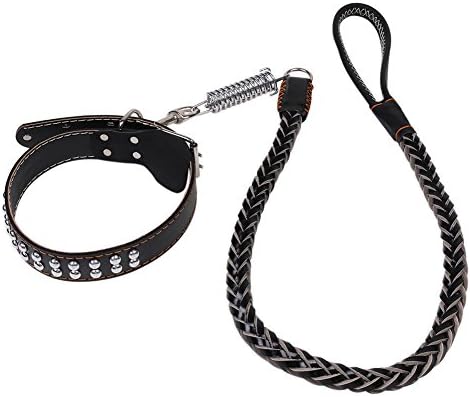 Collar and Leash, CNMEI Premium Cowhide Leather Made, Adjustable, Buffer Spring, Strong Pull Hook, Best for Controlling and Training Strong Dog + Free eBook on Dog Training (S (neck 13.7" to 17.7"))