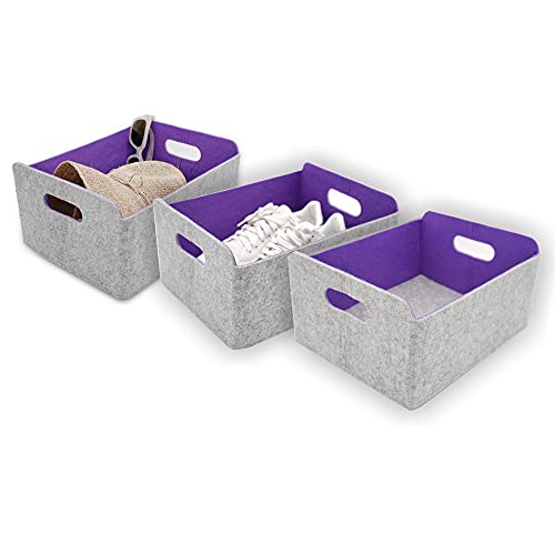 Welaxy Storage Baskets Felt Foldable Storage Cube bin Shelf Bins Organizer Felt Box for for Kids Toys Magazine Books Clothes for Office Bedroom Closet Babies Nursery Laundry organizing (Purple x 3)