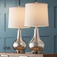 Ledger Modern Accent Table Lamps Set of 2 with USB Charging Port Mercury Glass Off White Drum Shade for Living Room Family - 360 Lighting