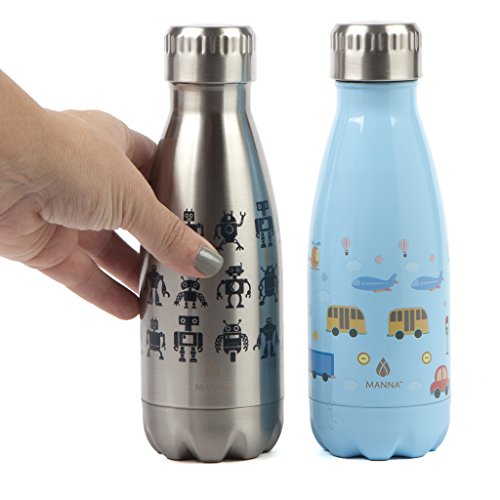 Manna Kids Vogue 9 oz Double-Walled Vacuum Insulated Stainless Steel Water Bottle for Home or School | BPA & Lead-Free | Keeps Liquid Cold for 24 Hours & Hot for 12 hours - Robots/Cars