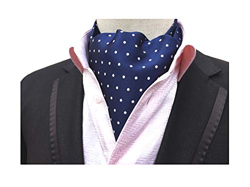 Elfeves Men's Navy Blue Cravat Tie Ascot White Polka Dot Woven Casual Ascot Christmas - Thumbnail 3