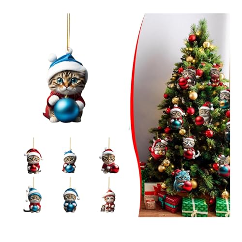 Cat Christmas Tree Ornaments, Cute Cat Gifts for Women, Acrylic 2D Christmas Hanging Pendant Decorations for Women/Cat Lovers Friends, Funny Animal Decoration Ornament for Wall Window Bag Car (C)