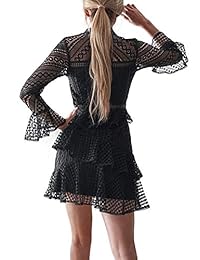 DEEBAI Vestido de fiesta elegante con cuello redondo y manga acampanada de encaje, estilo vintage, para mujer