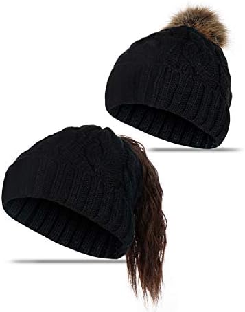 Ponytail Beanie Honyar Womens Winter Hat Soft Cable Acrylic Knit Messy Bun Pom Pom Beanies With Pony Tail Hole For Women Girl Slouchy Chunky Baggy Skull Cap With Removable Puff