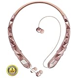 DolTech Bluetooth Headphones Sports Sweatproof Wireless Headphones Neckband Retractable Headset Stereo Noise Cancelling Earbuds w/Mic (Rose Gold)