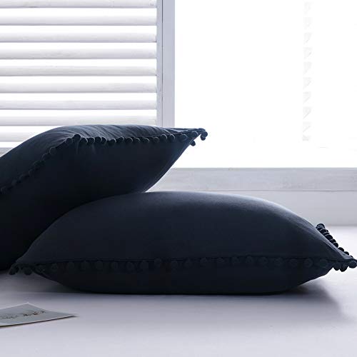 MOVE OVER Navy Blue Pom Poms Pillow Case, Navy Standard Pillowcases Set of 2, 100% Washed Microfiber, Dark Blue Ball Fringe Pillow Shams 2 Pack (Standard, Navy Blue)